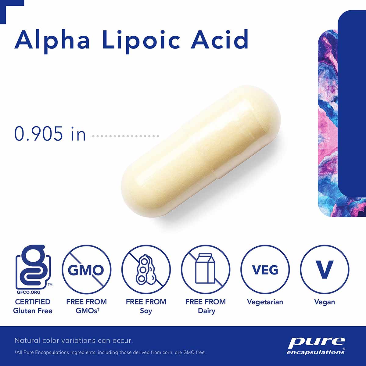 Pale cream-colored capsule labeled Alpha Lipoic Acid 600 mg by Pure Encapsulations, 0.905 inches in size.