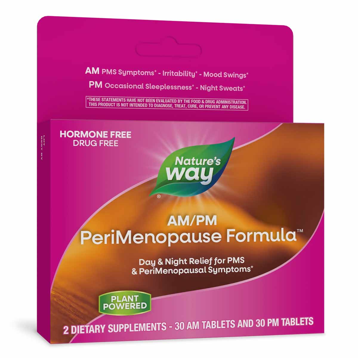 Nature's Way AM/PM PeriMenopause Formula box containing 30 AM tablets and 30 PM tablets in magenta and orange packaging.