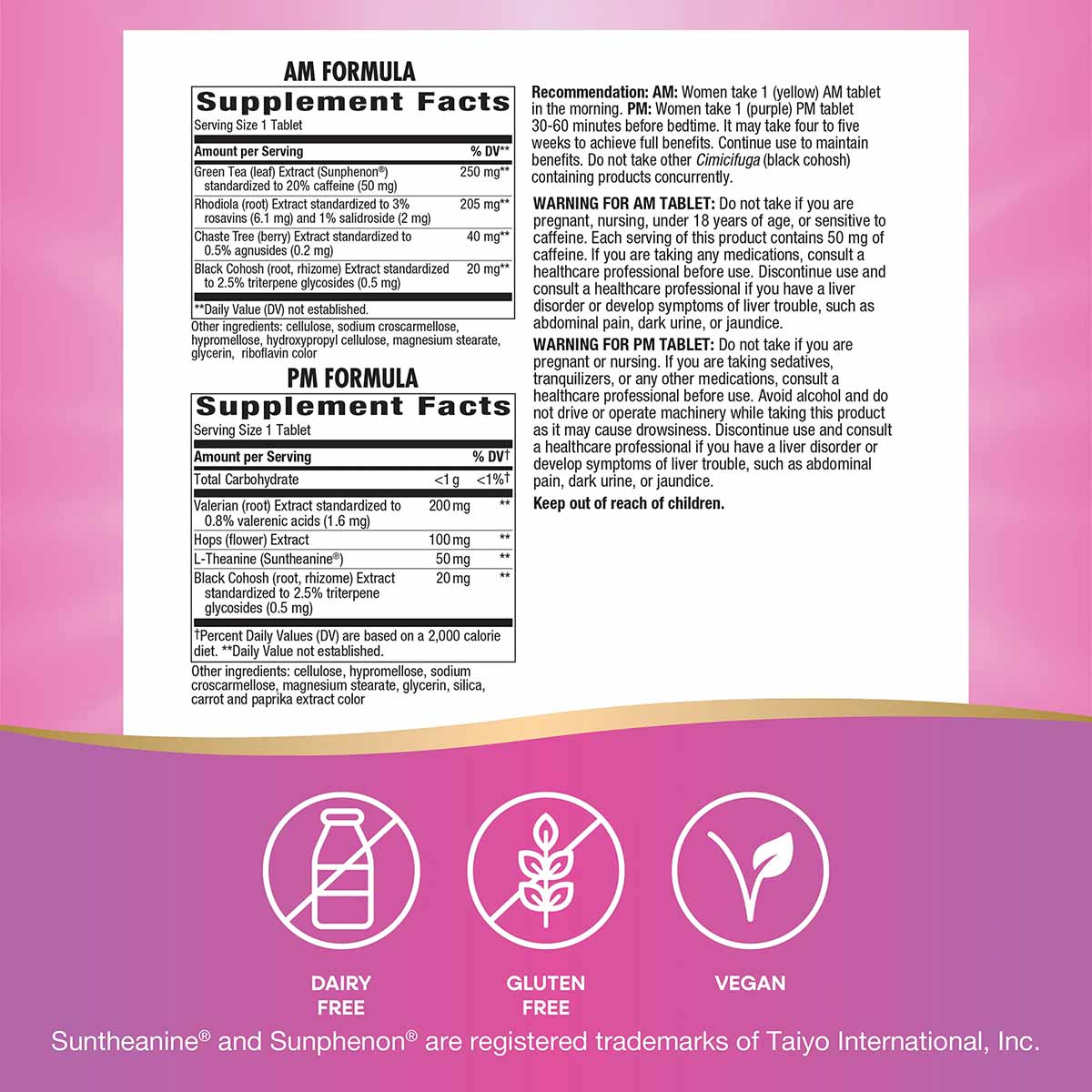 AM/PM PeriMenopause Formula supplement facts label with warnings and ingredient information on pink background.