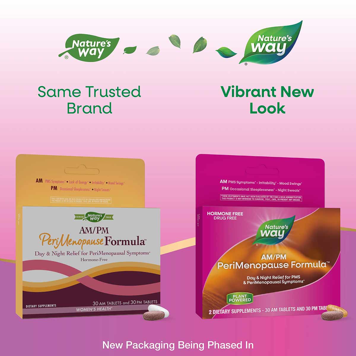 Two boxes of Nature's Way AM/PM PeriMenopause Formula dietary supplements displayed side-by-side on pink background, showing 