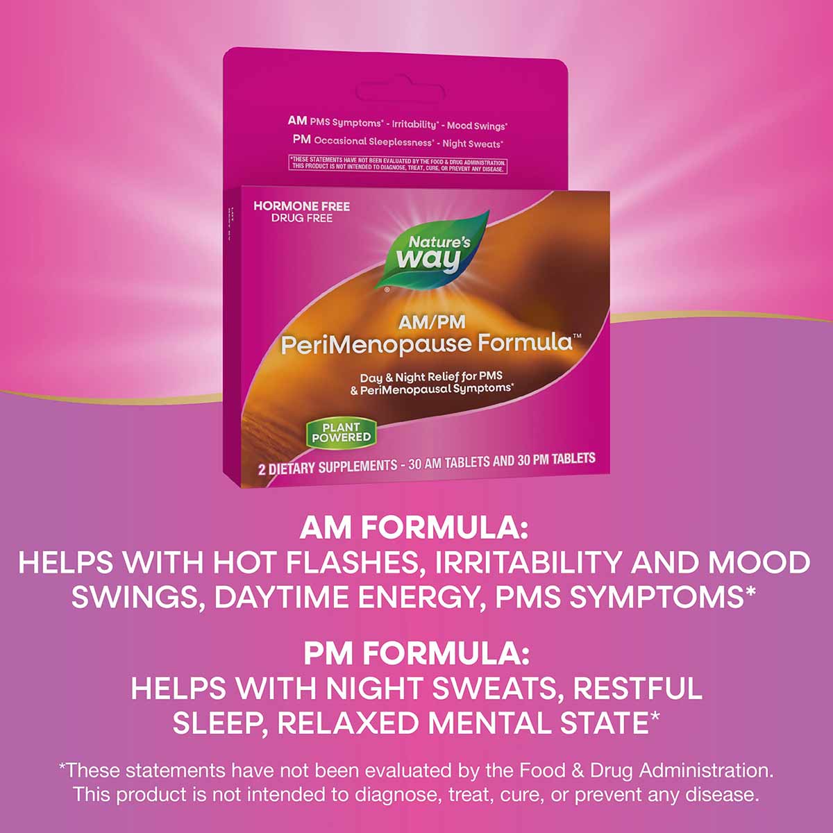 Nature's Way AM/PM PeriMenopause Formula bottle containing 30 AM tablets and 30 PM tablets on pink background.