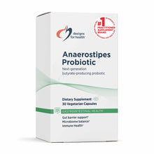 White box of Designs For Health Anaerostipes Probiotic dietary supplement containing 30 vegetarian capsules.