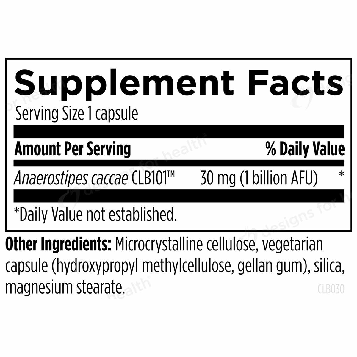 Supplement Facts label showing Anaerostipes caccae probiotic strain at 30 mg per capsule with ingredient list.
