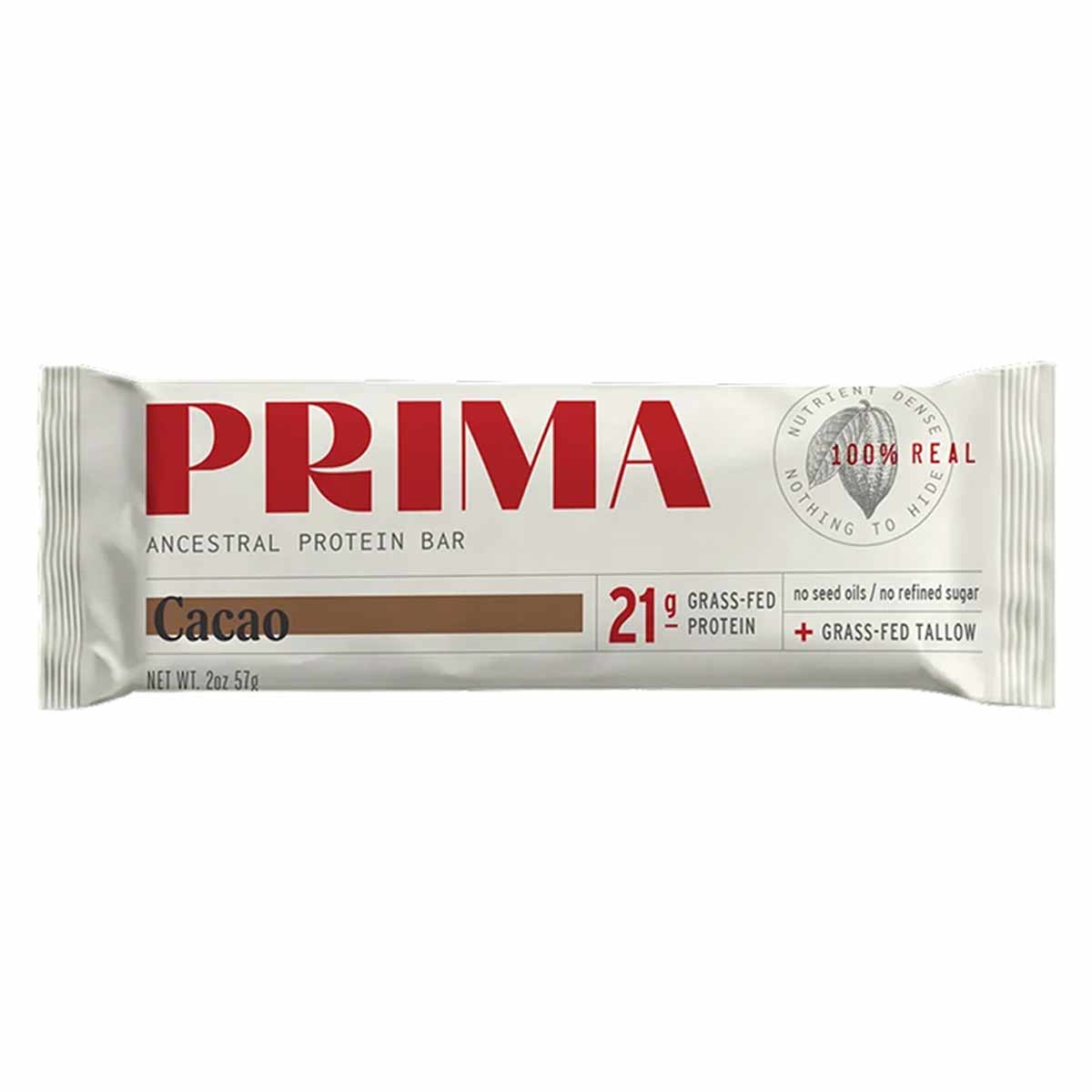 PRIMA Ancestral Protein Bar in Cacao flavor, 2oz, containing 21g grass-fed protein and grass-fed tallow.