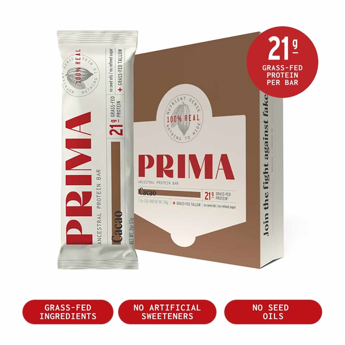 PRIMA Ancestral Protein Bar in Cacao flavor with 21g grass-fed protein per bar, shown with individual wrapper and product box
