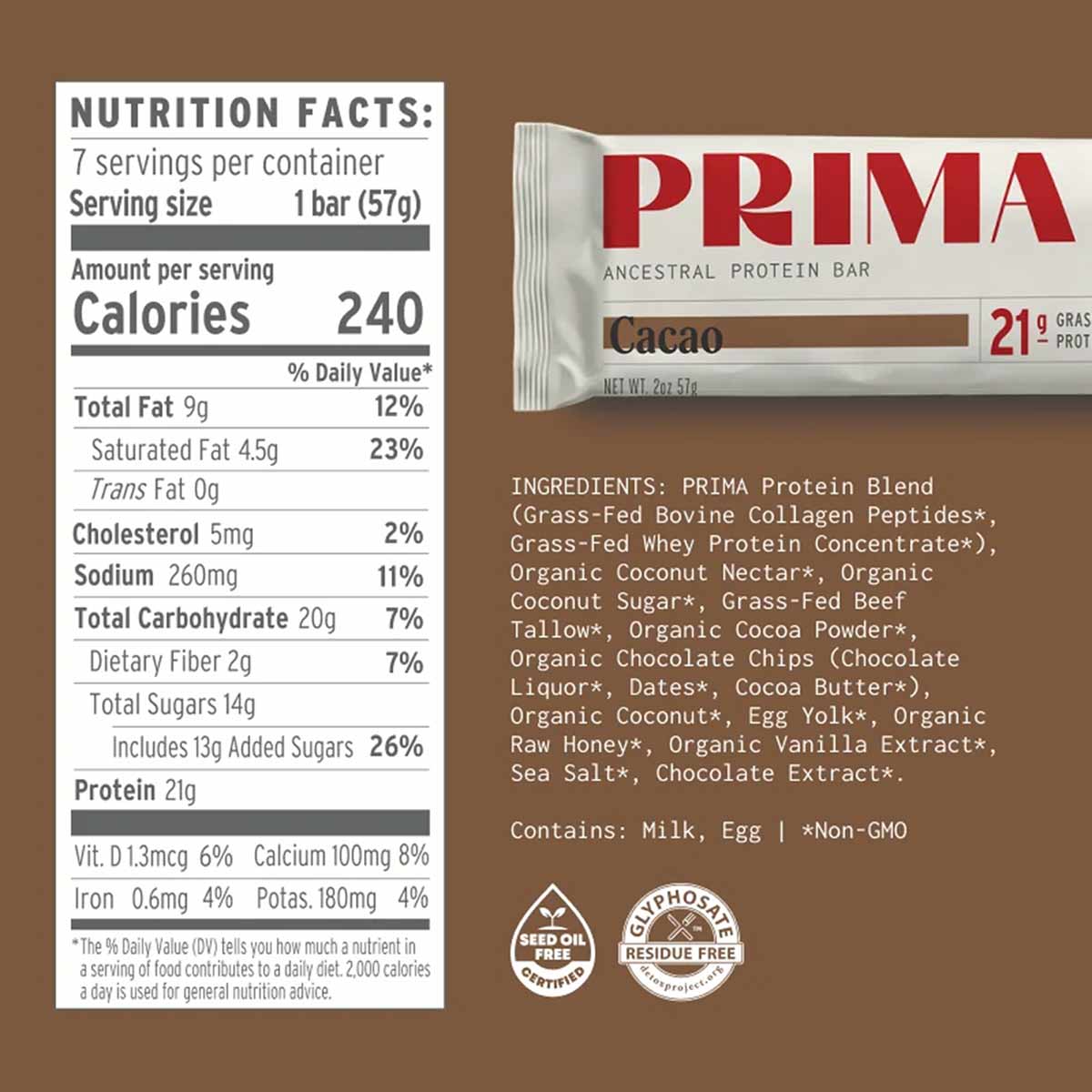 PRIMA Ancestral Protein Bar in cacao flavor with nutrition facts label and ingredients list visible on packaging.