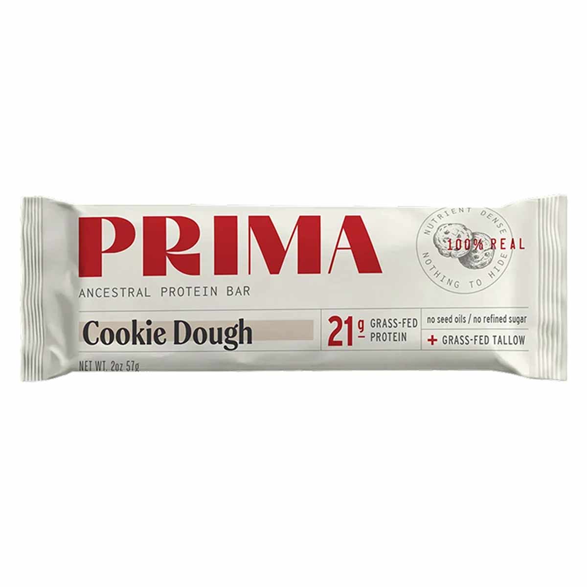 PRIMA Ancestral Protein Bar in Cookie Dough flavor, 2oz, containing 21g grass-fed protein.