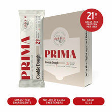 PRIMA Ancestral Protein Bar in Cookie Dough flavor with 21g grass-fed protein per bar, shown individually wrapped and in box 
