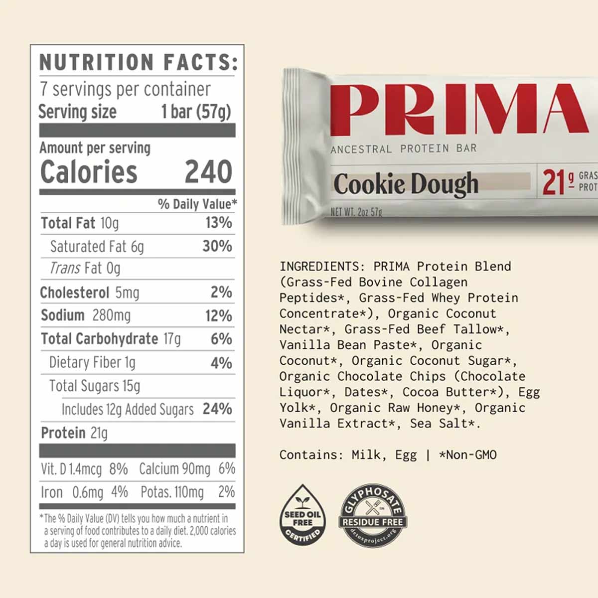PRIMA Ancestral Protein Bar in Cookie Dough flavor with nutrition facts label and ingredient list displayed.