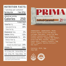 PRIMA Ancestral Protein Bar in Salted Caramel flavor with nutrition facts label and ingredient list visible.