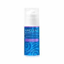 White pump bottle with blue and purple label reading "Ancient Minerals Magnesium Lotion Goodnight with melatonin," 3.38 fl oz