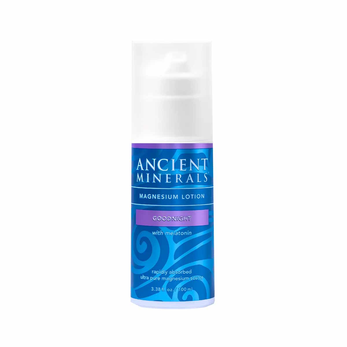 White pump bottle with blue and purple label reading "Ancient Minerals Magnesium Lotion Goodnight with melatonin," 3.38 fl oz