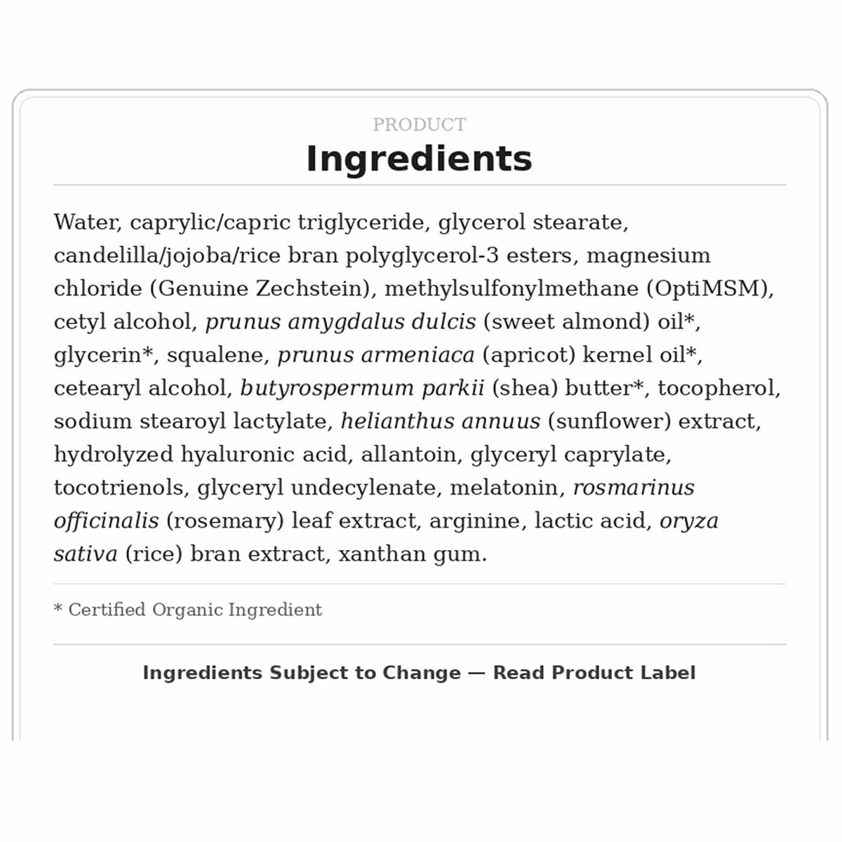 White background with black text listing product ingredients including magnesium chloride, melatonin, and natural oils.