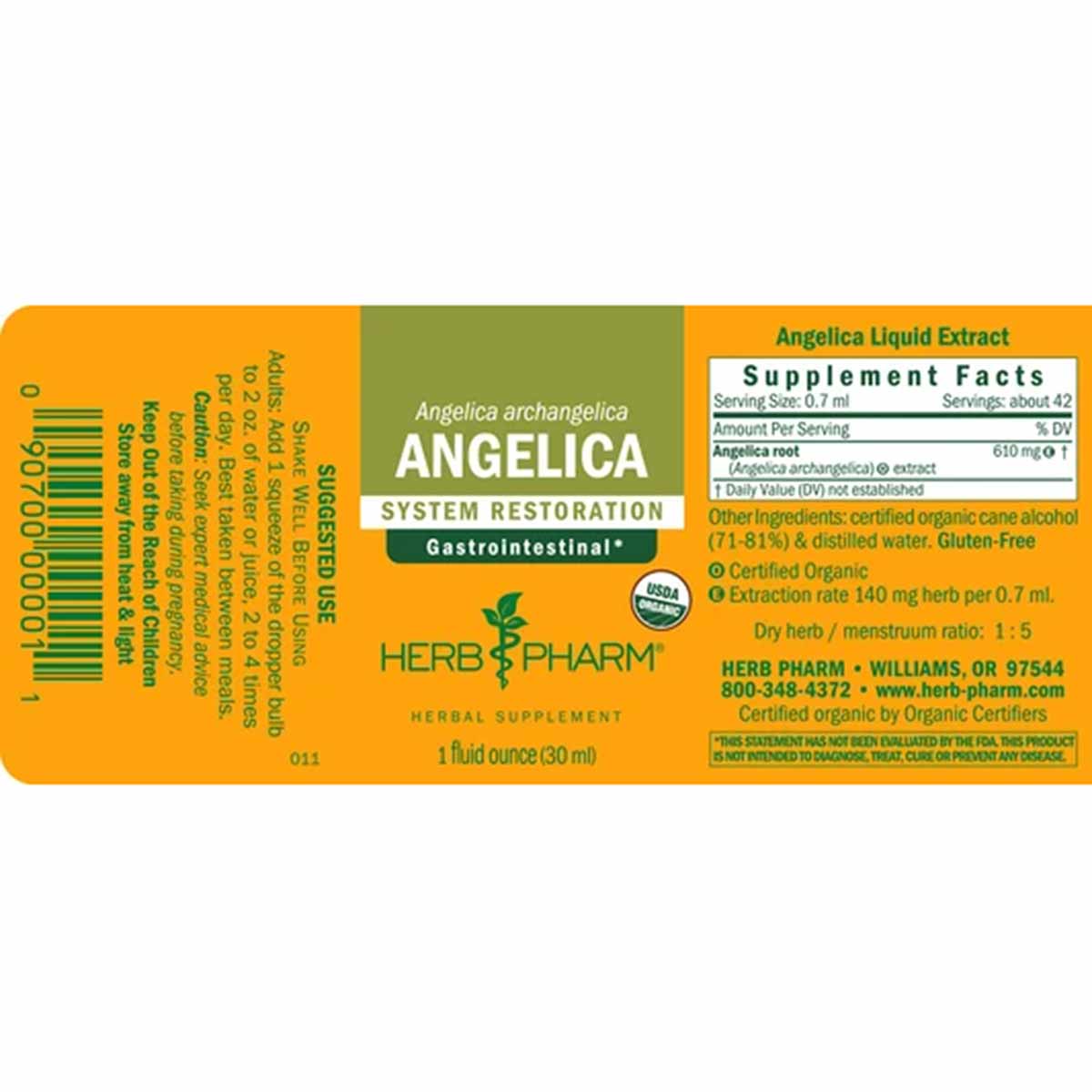 Herb Pharm Angelica liquid extract bottle label with orange and green sections showing supplement facts and product informati