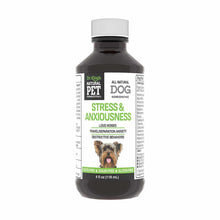 Dark glass bottle with white cap labeled "Stress & Anxiousness" dog homeopathic liquid, 4 fl oz.