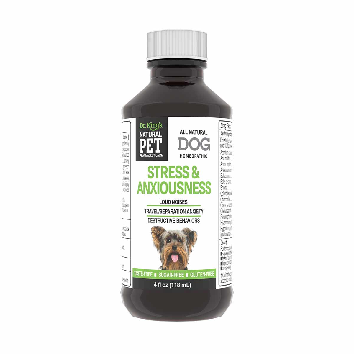 Dark glass bottle with white cap labeled "Stress & Anxiousness" dog homeopathic liquid, 4 fl oz.