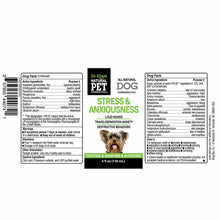 Dr. King's Natural Pet Stress & Anxiousness homeopathic liquid for dogs, 4 oz bottle with drug facts and ingredient labels.