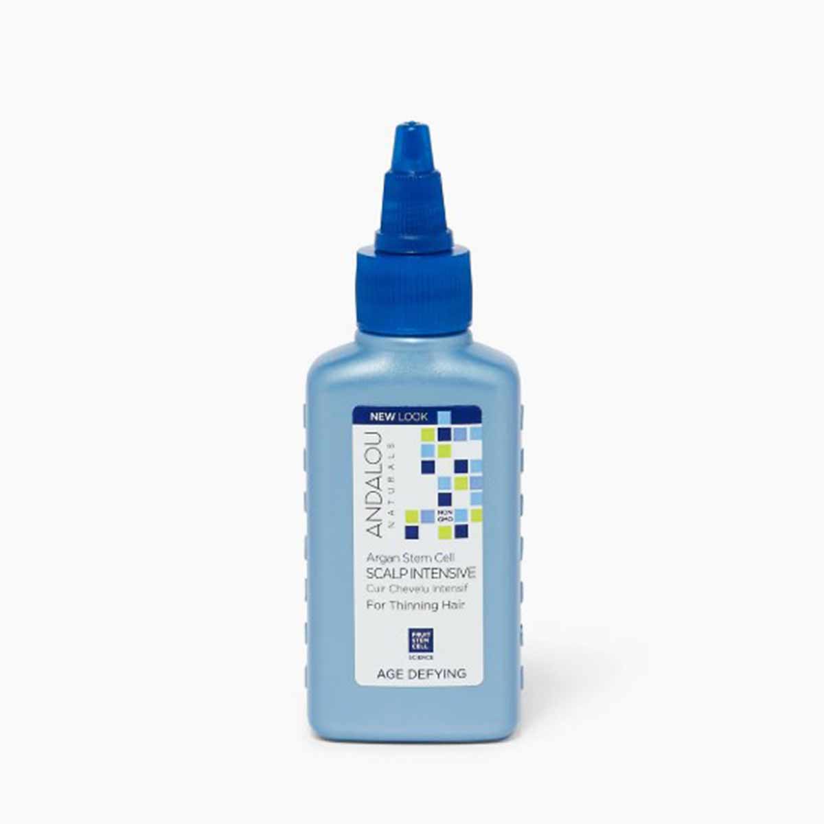 Light blue bottle with blue flip-top cap containing Andalou Naturals Argan Stem Cell Scalp Intensive for thinning hair.