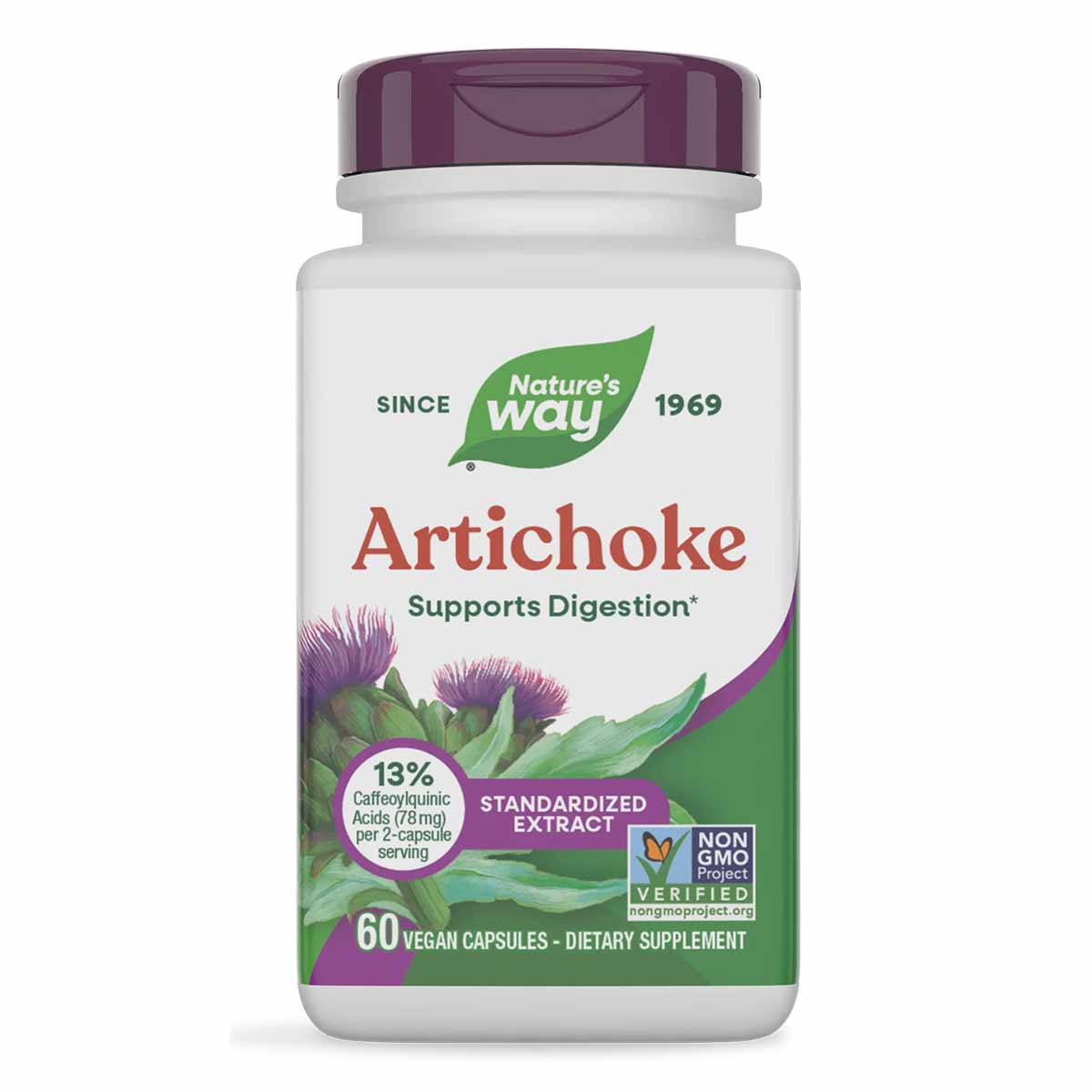 Nature's Way Artichoke dietary supplement bottle with purple cap and label showing 60 vegan capsules.