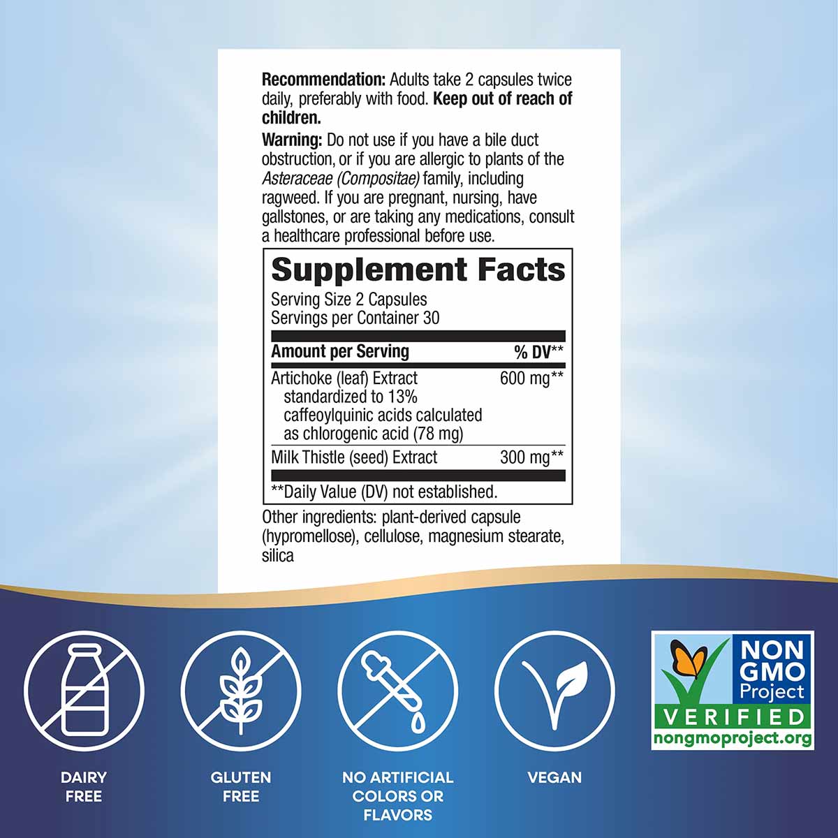 Supplement Facts label showing artichoke leaf extract and milk thistle seed extract with usage instructions and certification
