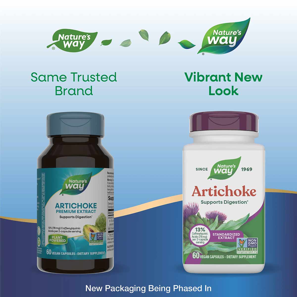 Nature's Way Artichoke Standardized Extract dietary supplement bottle with purple cap and white label, 60 vegan capsules.