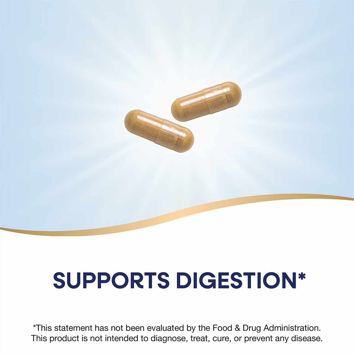 Two brown herbal supplement capsules on a light blue and white background.