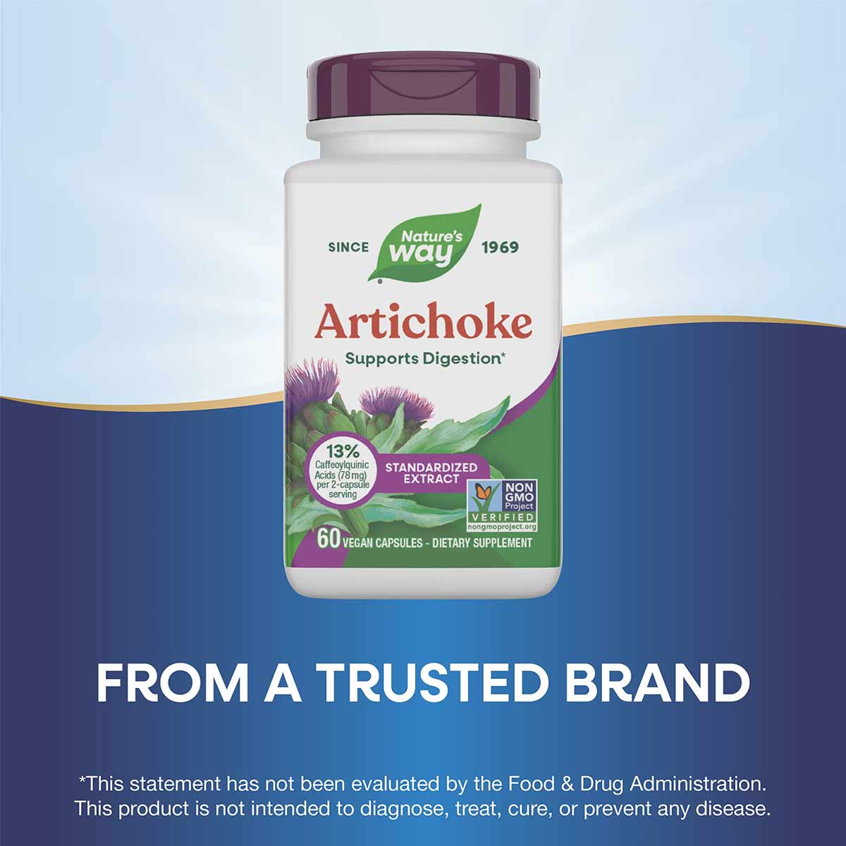 White bottle with burgundy cap containing Nature's Way Artichoke Standardized Extract dietary supplement, 60 vegan capsules.