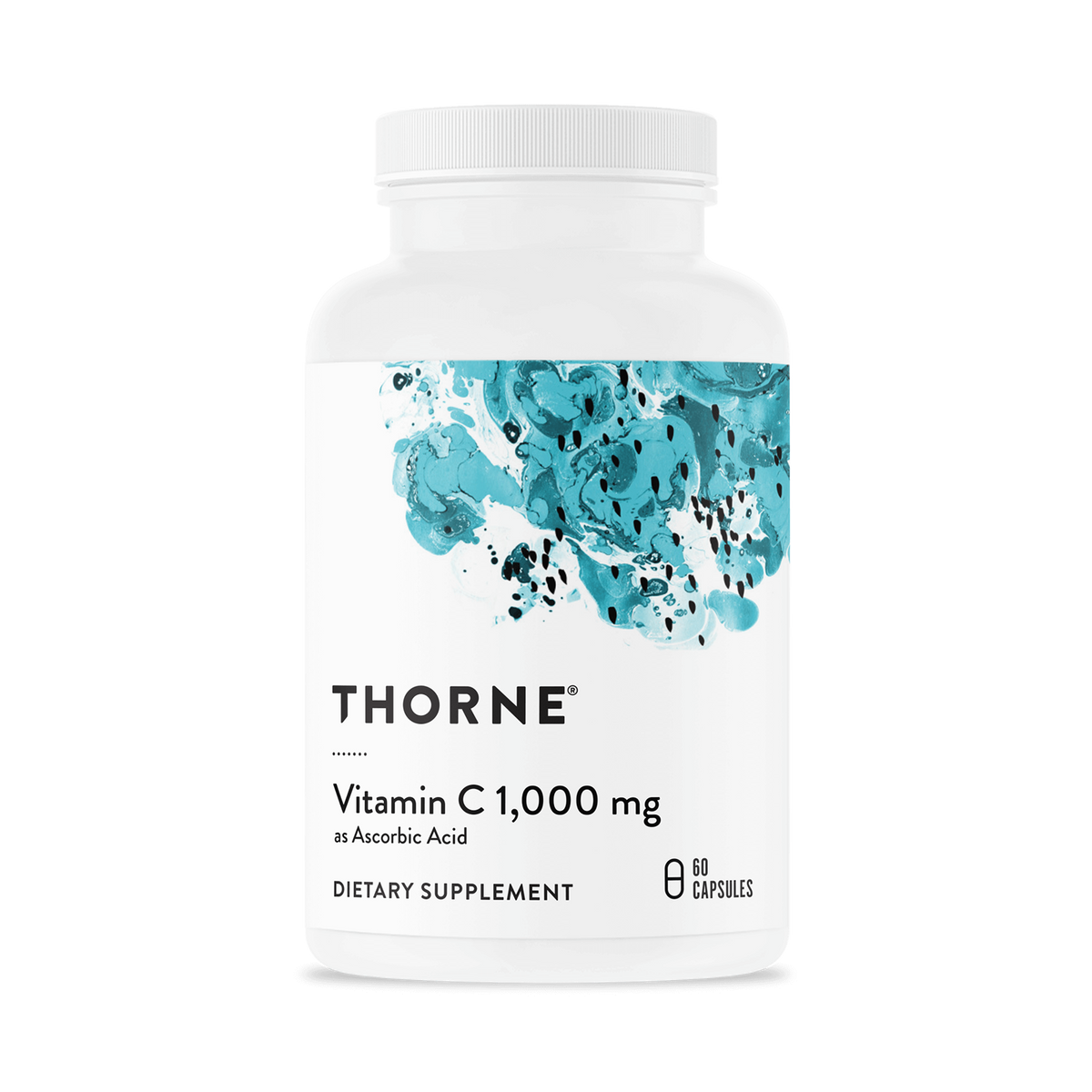 White bottle of Thorne Vitamin C 1,000 mg with teal abstract design and white cap.