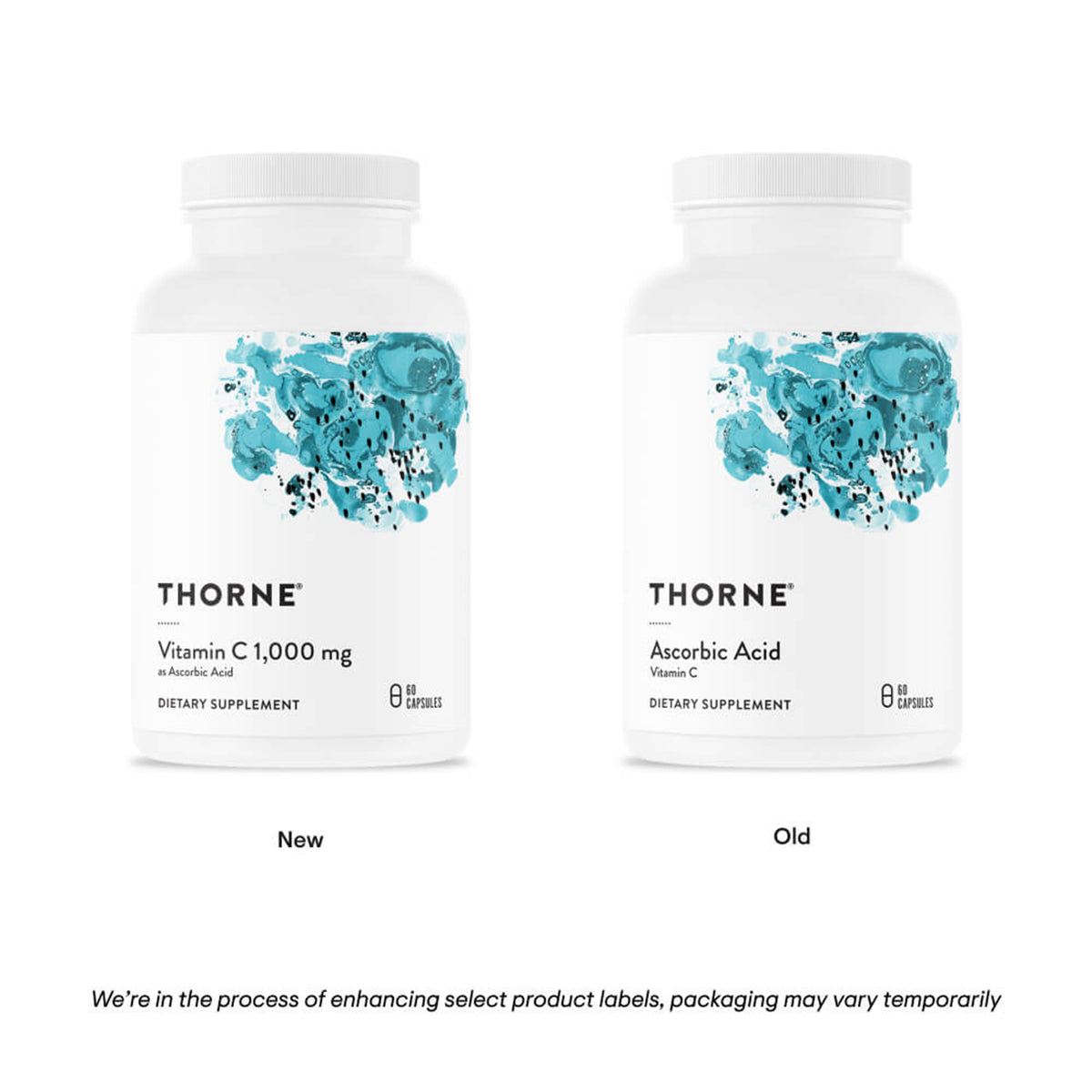 Two white Thorne supplement bottles with teal watercolor design, labeled Vitamin C 1,000 mg Ascorbic Acid, showing new and ol