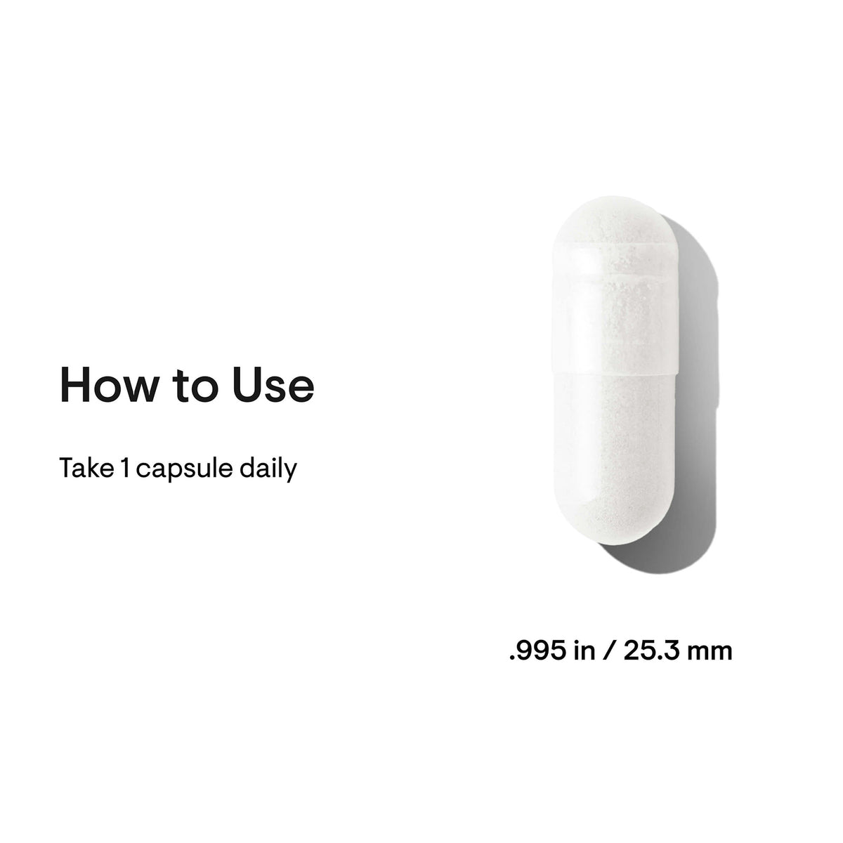 White oval vitamin C capsule with usage instructions and dimensions displayed.