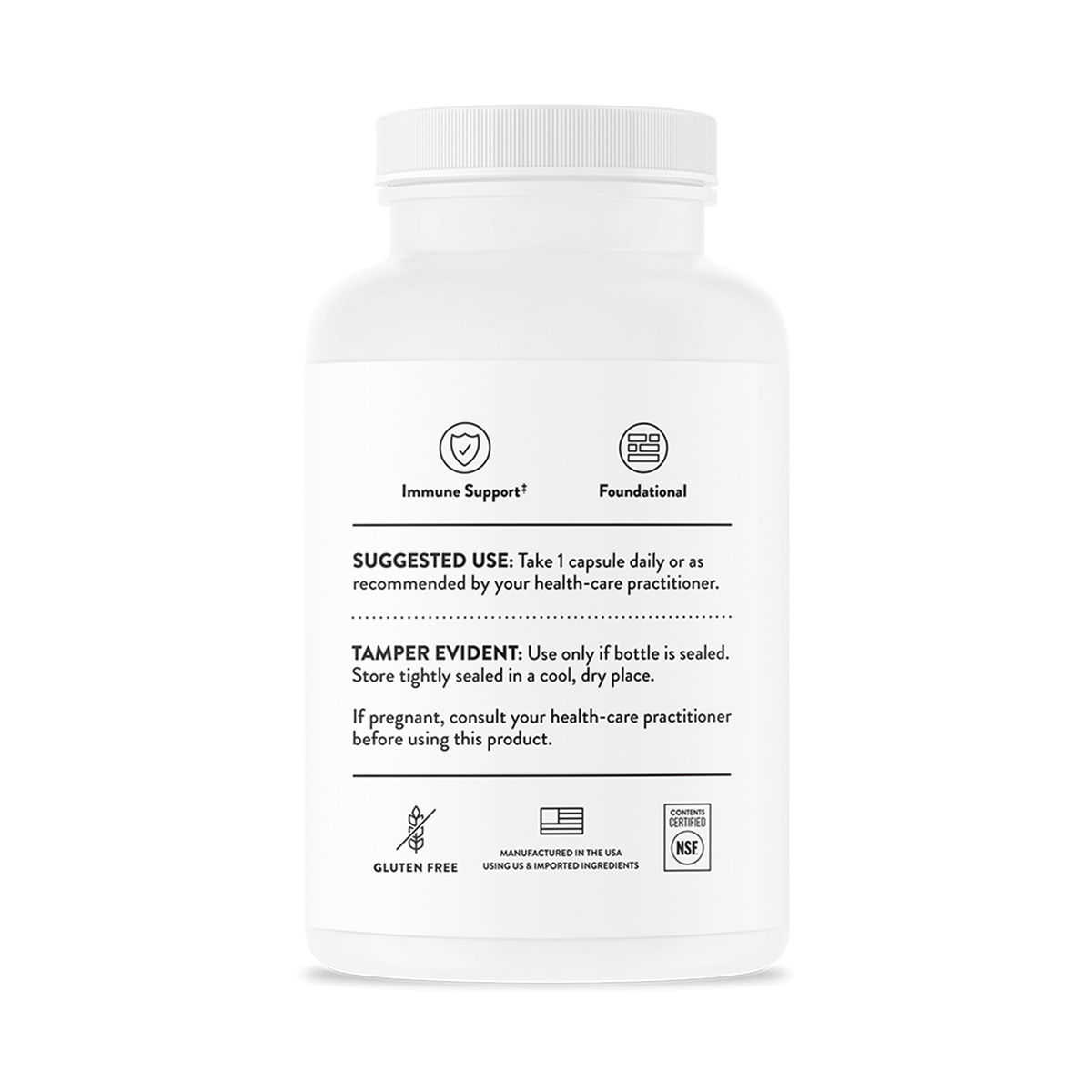 White bottle of Vitamin C 1,000 mg capsules by Thorne Research with label showing usage instructions and certifications.