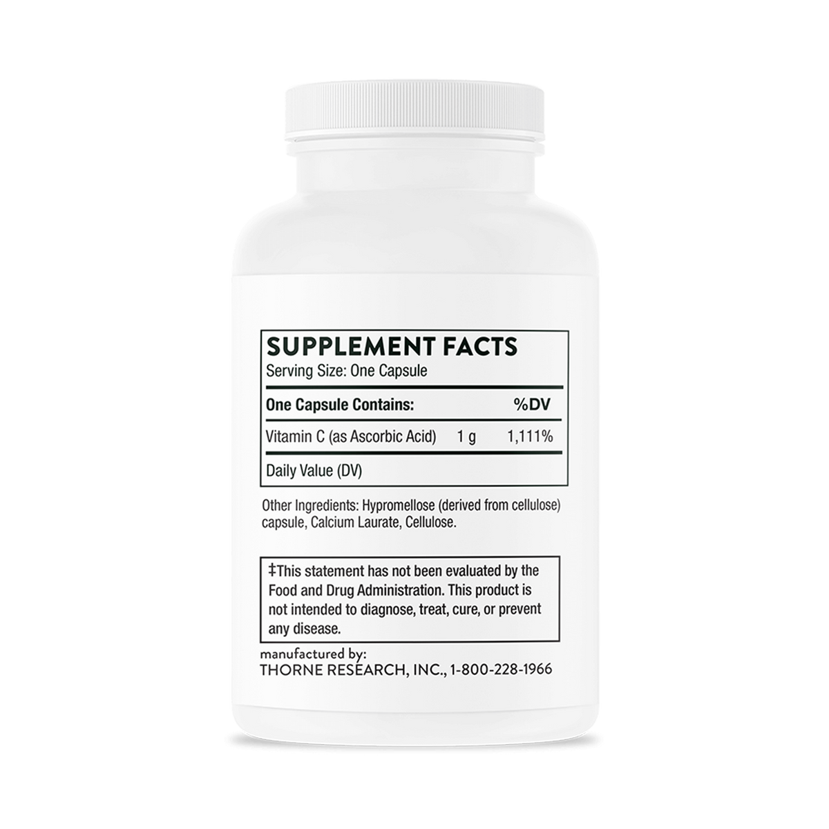 White vitamin C supplement bottle with label showing supplement facts for 1,000 mg ascorbic acid capsules by Thorne Research.