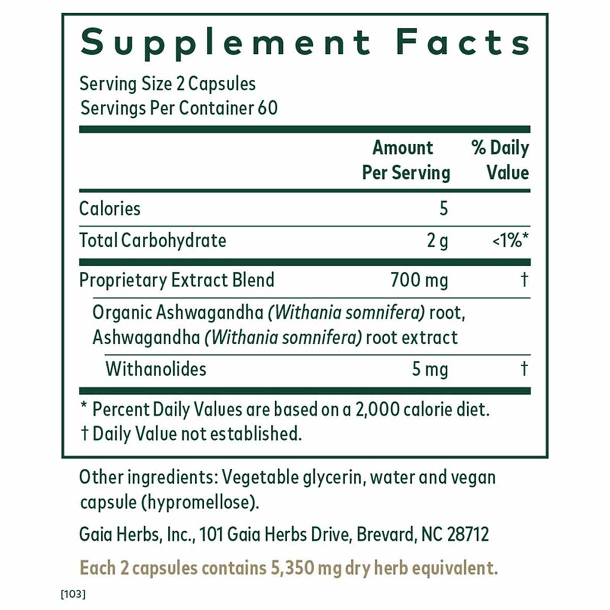 Supplement Facts label for Ashwagandha 700 showing serving size, ingredients, and nutritional information.