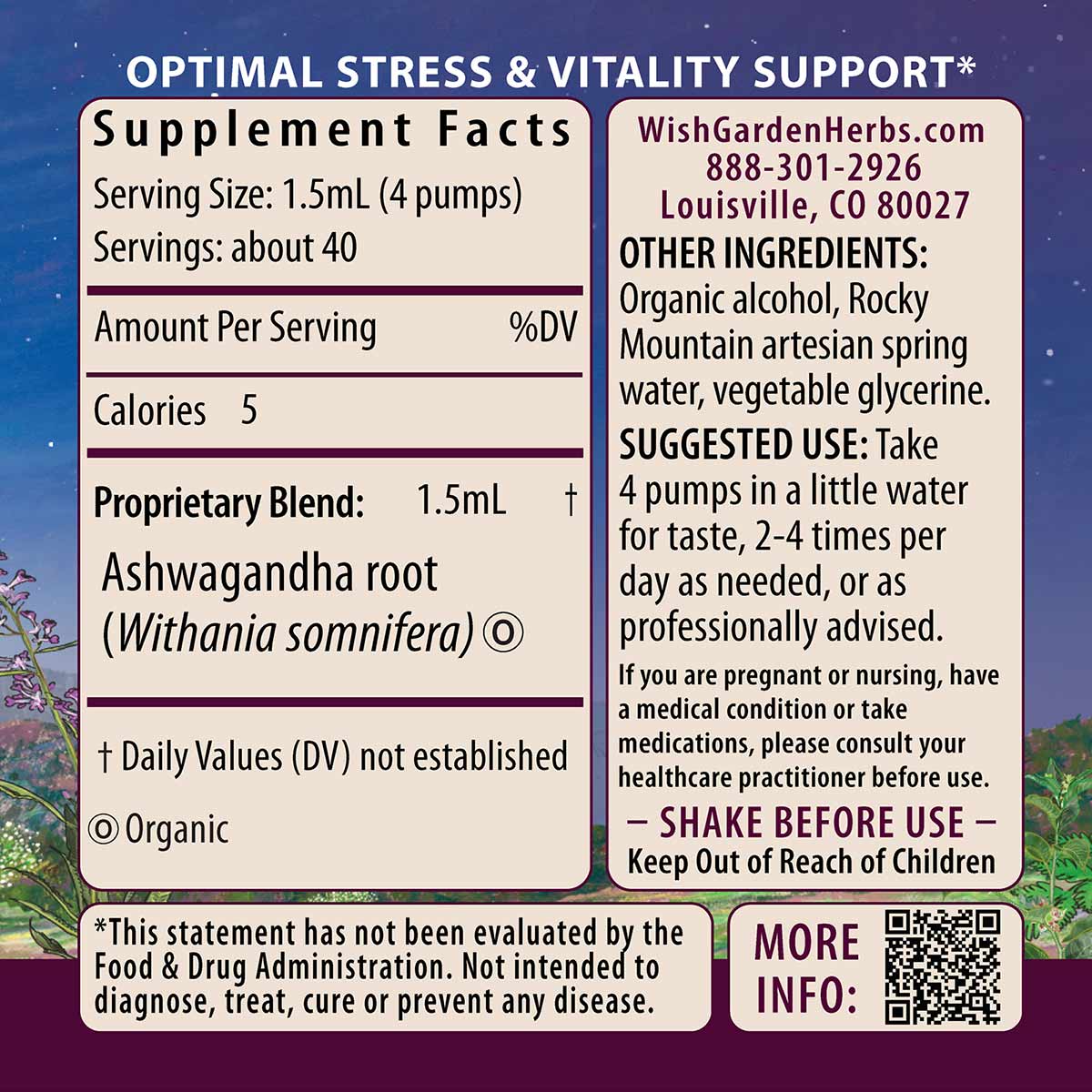 Wishgarden Herbs Ashwagandha supplement label with supplement facts, ingredients, and usage instructions on purple starry bac