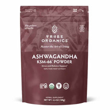 Burgundy pouch of Tribe Organics Ashwagandha KSM-66 Powder with tear notch, certification logos, and 3.5 oz net weight label.
