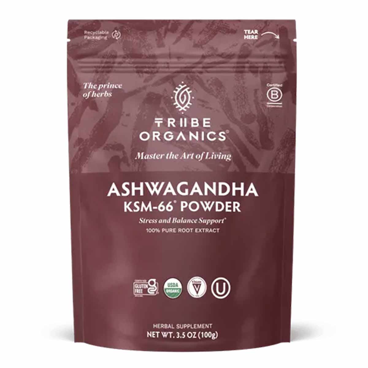 Burgundy pouch of Tribe Organics Ashwagandha KSM-66 Powder with tear notch, certification logos, and 3.5 oz net weight label.