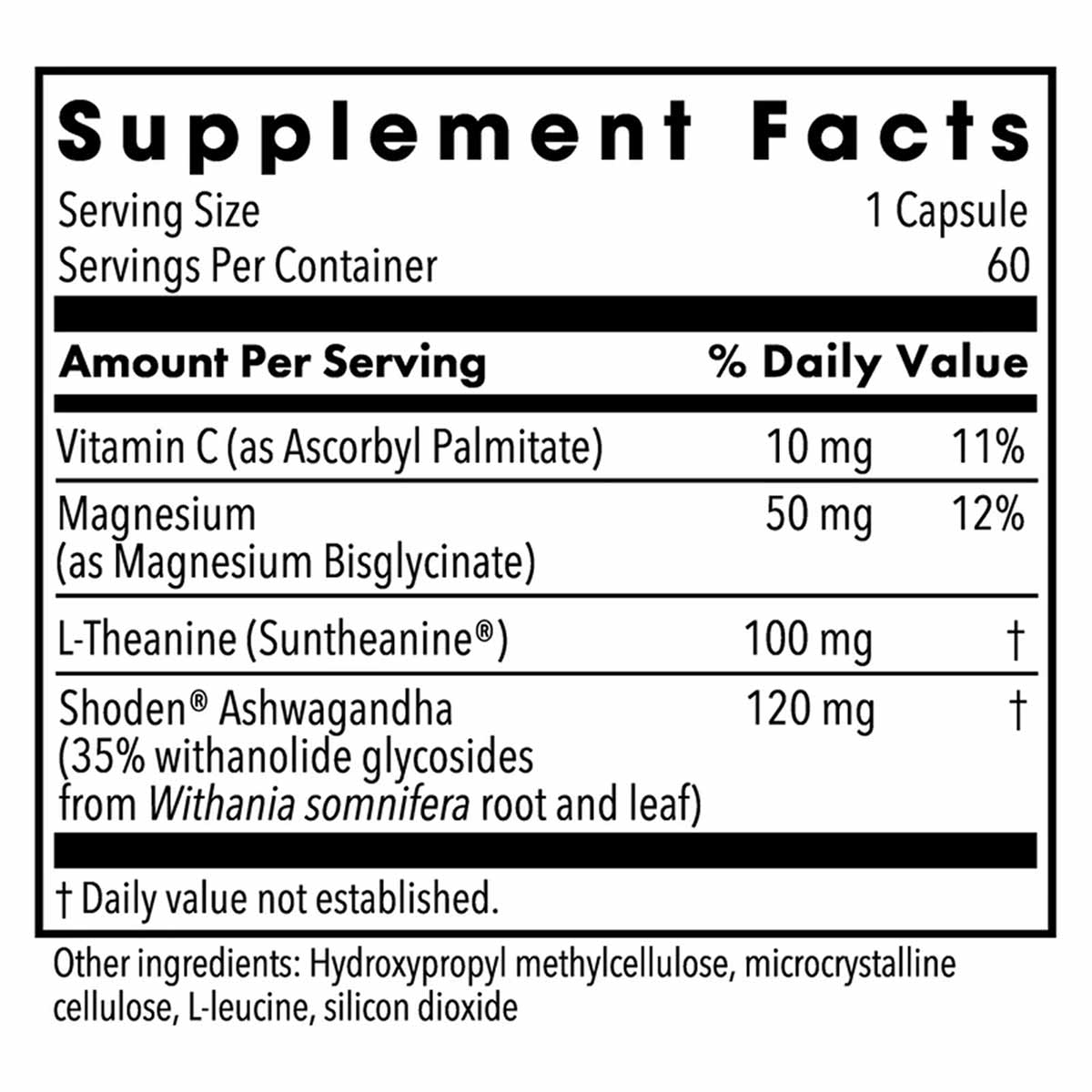Supplement Facts label for Ashwagandha Plus showing serving size of 1 capsule, 60 servings per container, with ingredients in