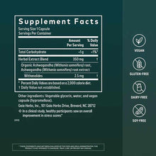 Gaia Herbs Ashwagandha Root supplement facts label showing 350mg herbal extract blend per serving with vegan, gluten-free, da