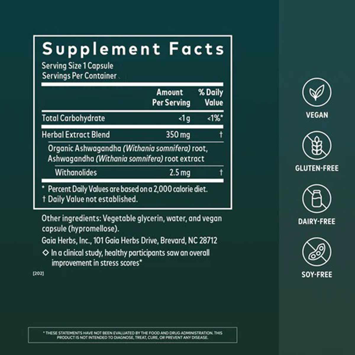 Gaia Herbs Ashwagandha Root supplement facts label showing 350mg herbal extract blend per serving with vegan, gluten-free, da
