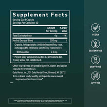 Supplement Facts label for Gaia Herbs Ashwagandha Root showing 350mg herbal extract blend per capsule with vegan, gluten-free