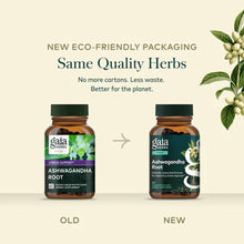 Two brown glass bottles of Gaia Herbs Ashwagandha Root with green caps, showing old and new packaging designs side by side.