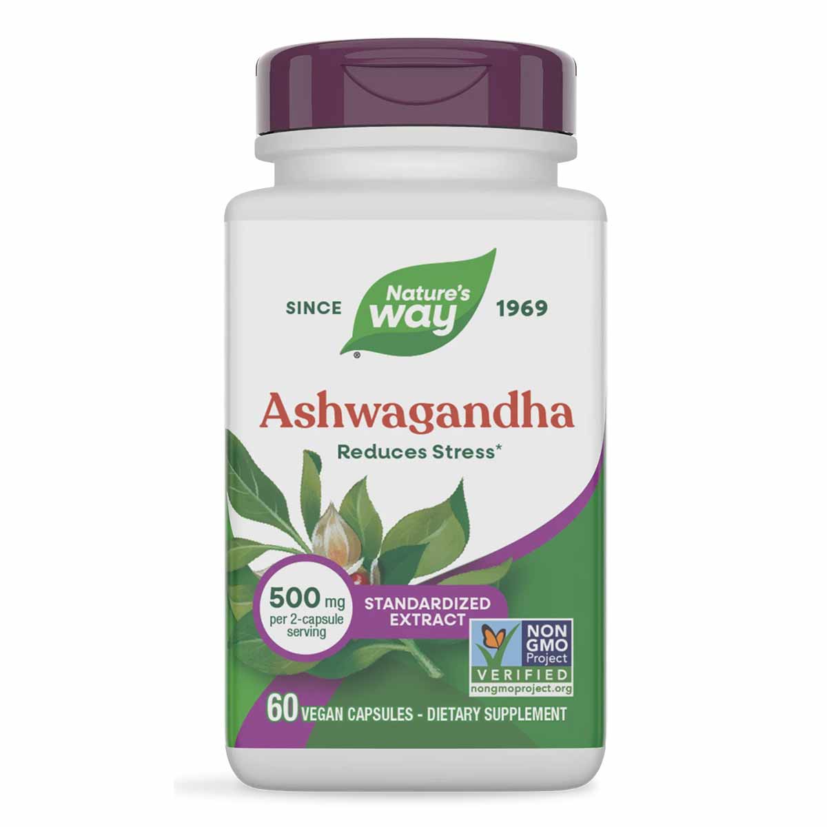 Nature's Way Ashwagandha bottle with purple cap, 500mg standardized extract, 60 vegan capsules, Non-GMO verified.