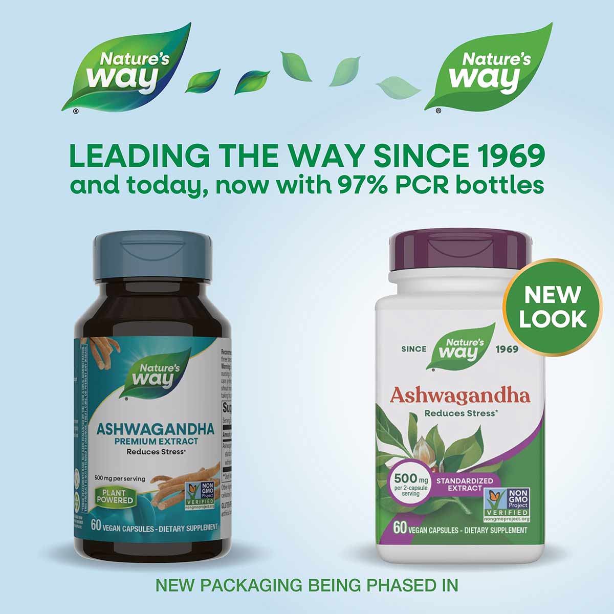 Two bottles of Nature's Way Ashwagandha supplement: dark glass bottle with blue label and white bottle with purple cap labele