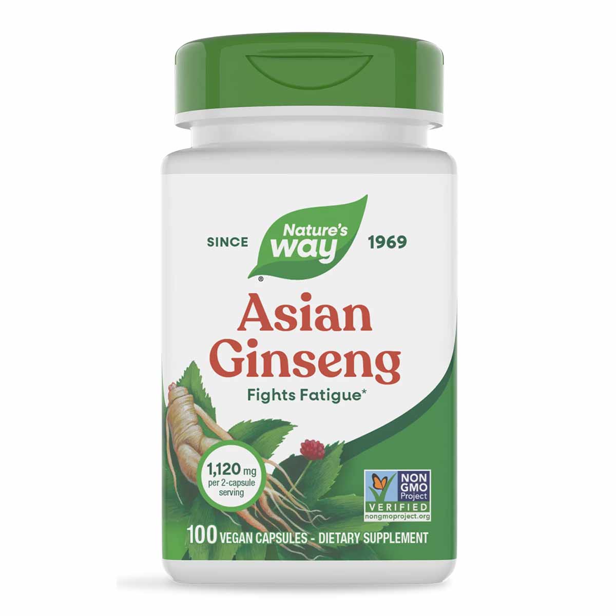 Nature's Way Asian Ginseng supplement bottle with green cap containing 100 vegan capsules, 1120 mg per serving.