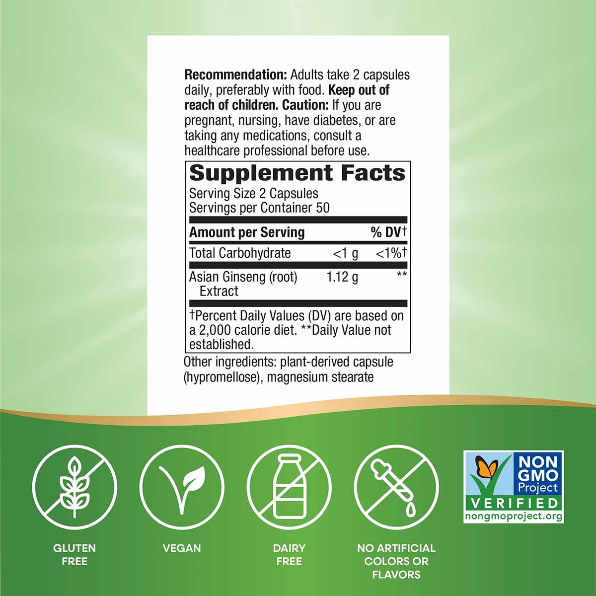 Supplement Facts label showing Asian Ginseng root extract dosage, ingredients, and certifications for gluten-free, vegan, dai