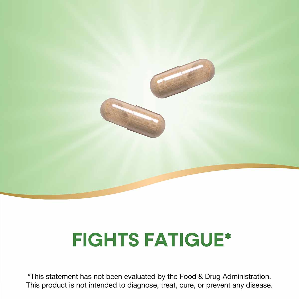 Two brown capsules on a green and white background with radiating light effect.