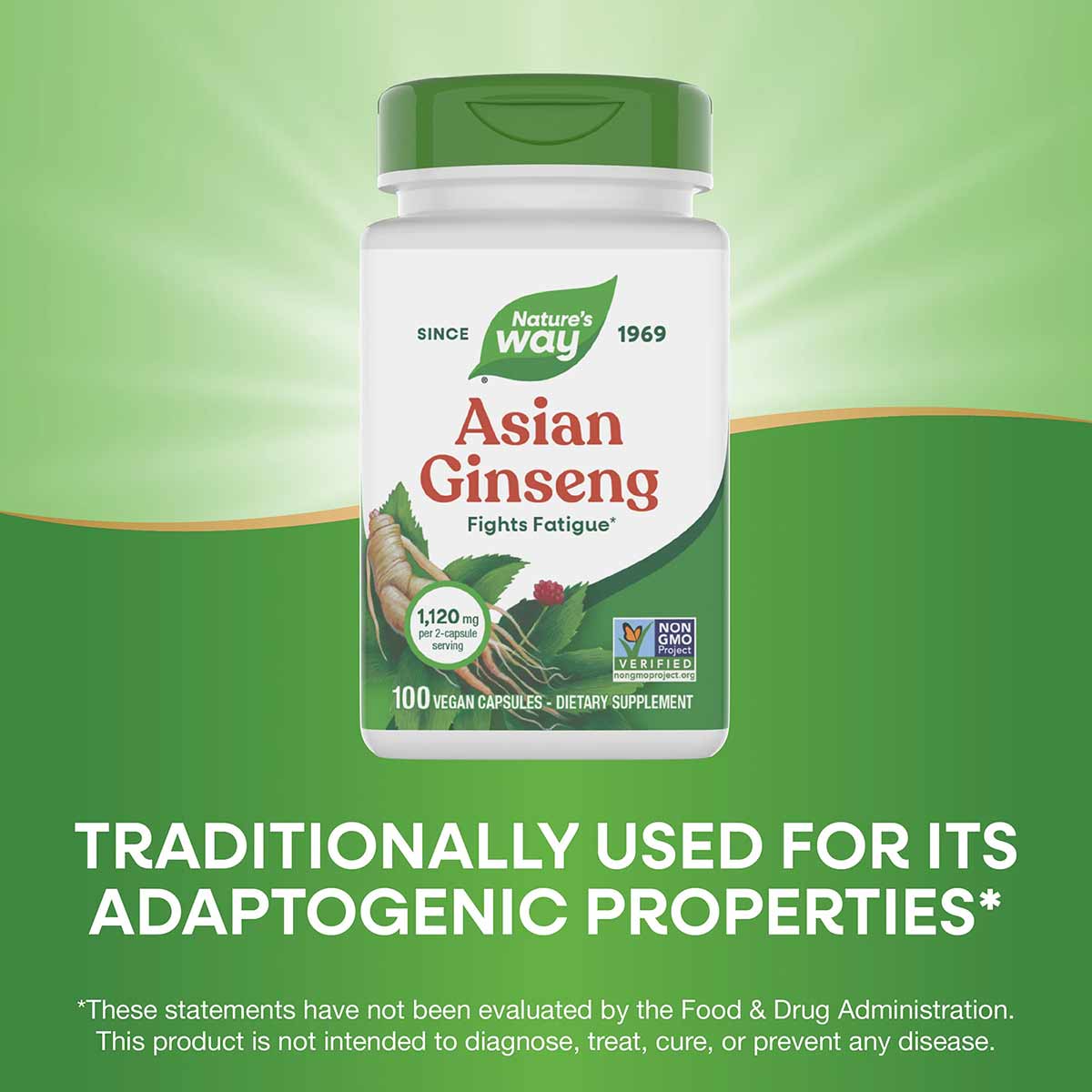 White and green bottle of Nature's Way Asian Ginseng dietary supplement with 100 vegan capsules and Non-GMO verified label.