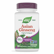 Nature's Way Asian Ginseng supplement bottle with purple cap containing 60 vegan capsules of standardized extract.