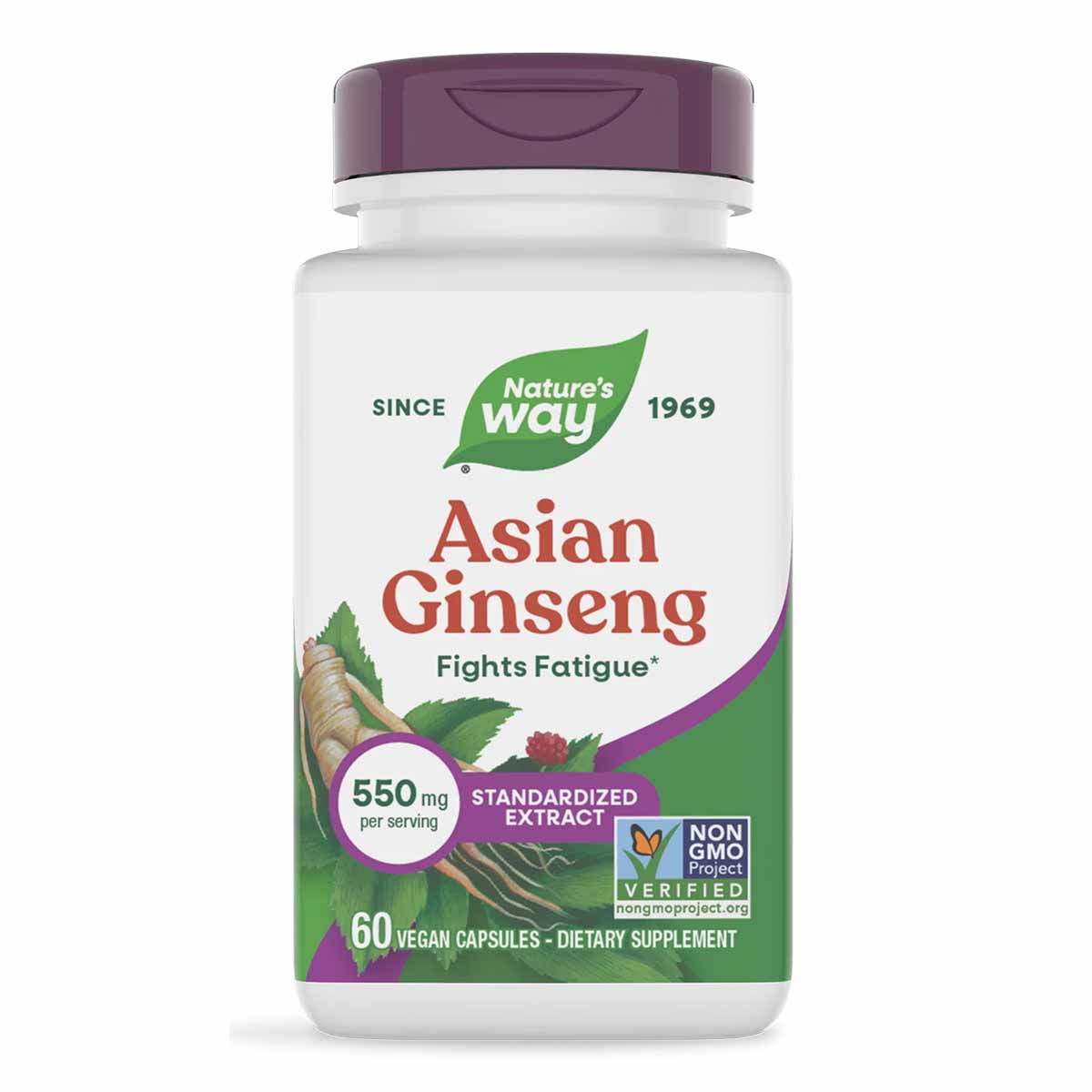 Nature's Way Asian Ginseng supplement bottle with purple cap containing 60 vegan capsules of standardized extract.