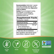 Supplement label showing Asian Ginseng Premium Extract dosage information, ingredient list, and certification icons on green 